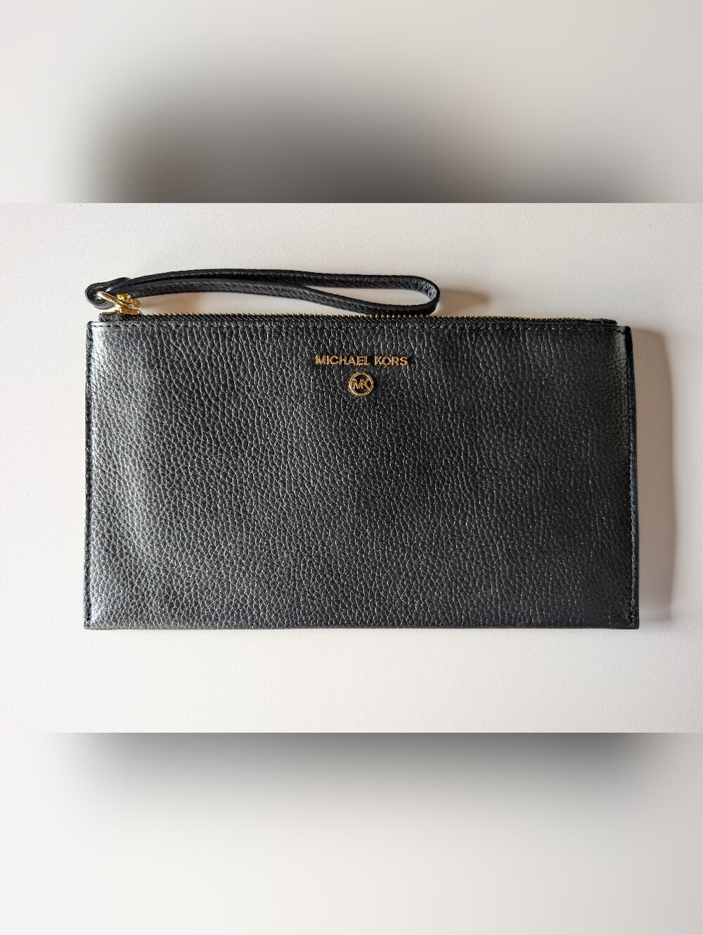 Michael Kors Black Pebbled Leather Wristlet with Gold Logo